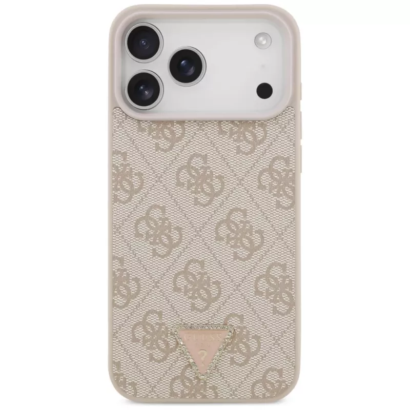 GUESS Δερμάτινη 4G Triangle Strass Θήκη MagSafe για iPhone 18 Pro Max / 17 Pro Max - Ροζ