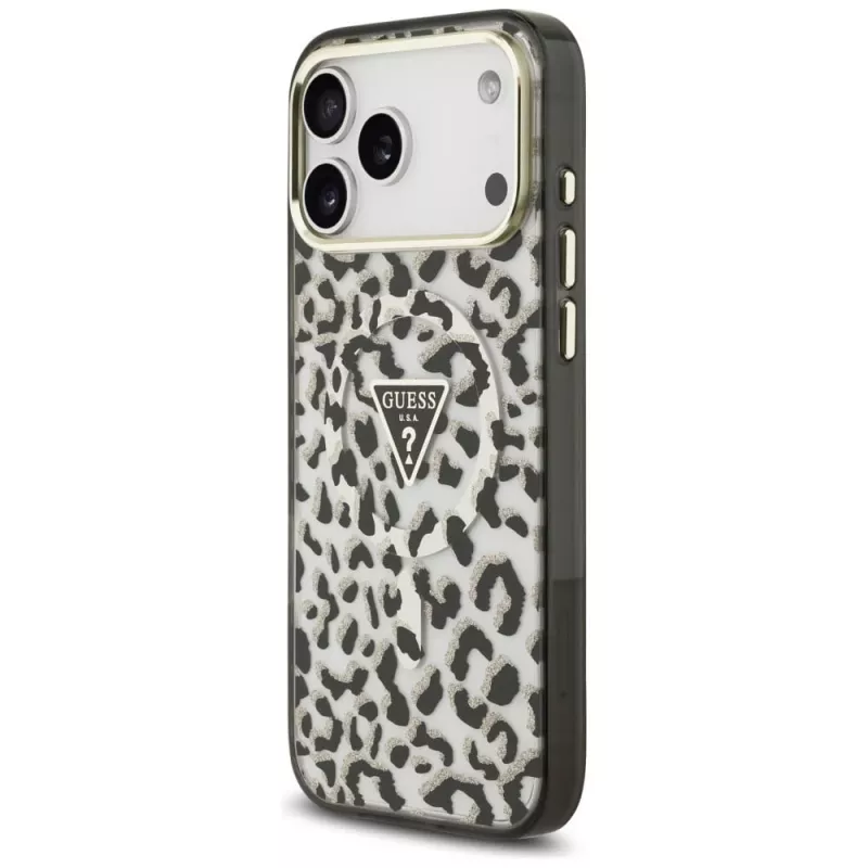 GUESS IML Leopard Glitter Triangle Logo MagSafe θήκη για iPhone 18 Pro Max / 17 Pro Max - Μαύρη