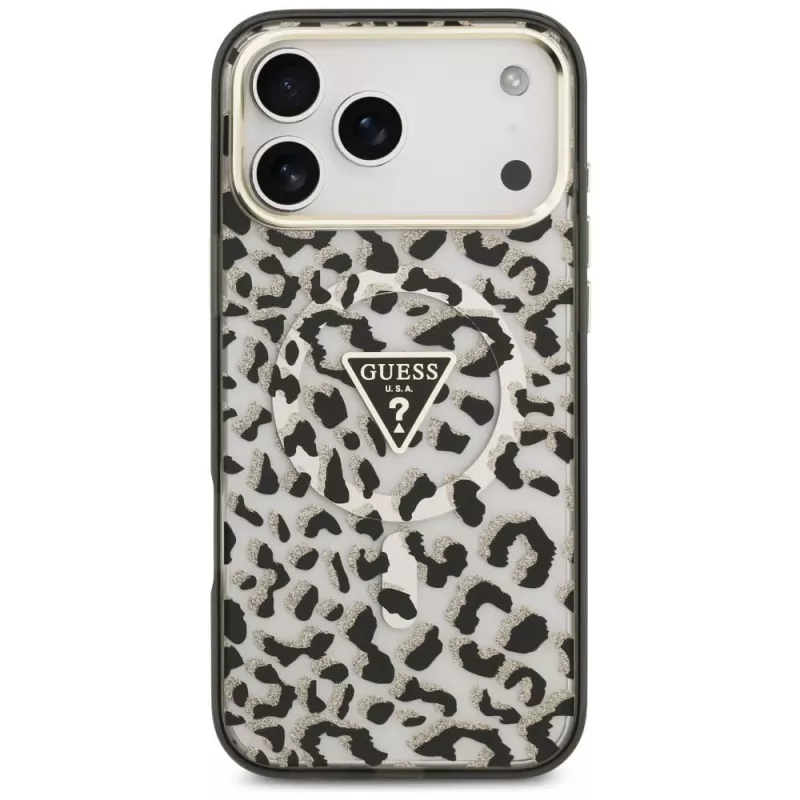 GUESS IML Leopard Glitter Triangle Logo MagSafe θήκη για iPhone 18 Pro Max / 17 Pro Max - Μαύρη