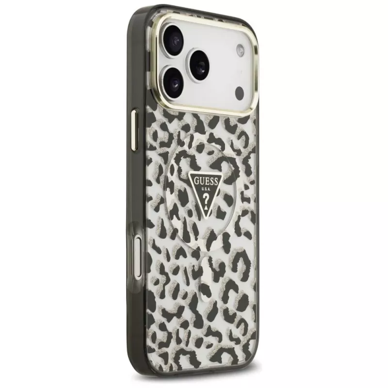 GUESS IML Leopard Glitter Triangle Logo MagSafe θήκη για iPhone 18 Pro Max / 17 Pro Max - Μαύρη
