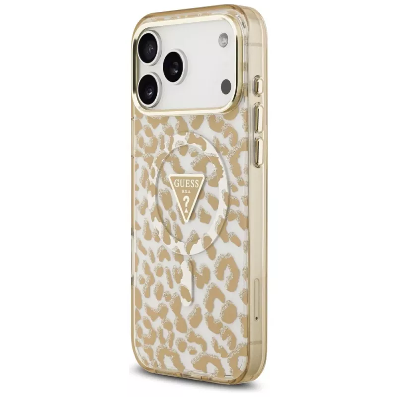 GUESS IML Leopard Glitter Triangle Logo MagSafe θήκη για iPhone 18 Pro Max / 17 Pro Max - καφέ