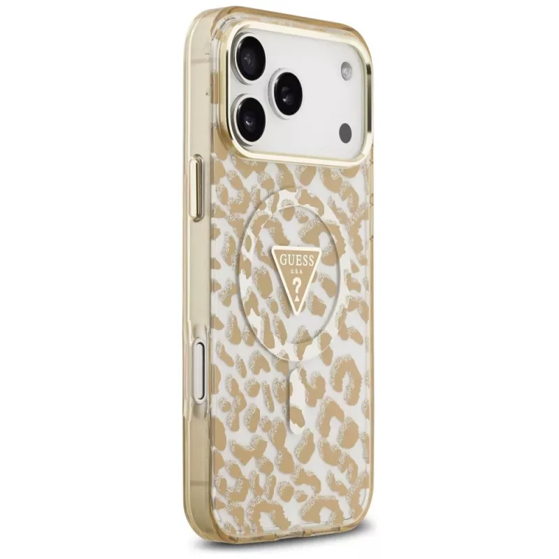 GUESS IML Leopard Glitter Triangle Logo MagSafe θήκη για iPhone 18 Pro Max / 17 Pro Max - καφέ