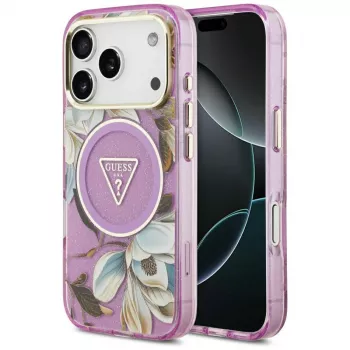 GUESS IML Glitter Flowers Triangle MagSafe Θήκη για iPhone 18 Pro / 17 Pro - Μωβ