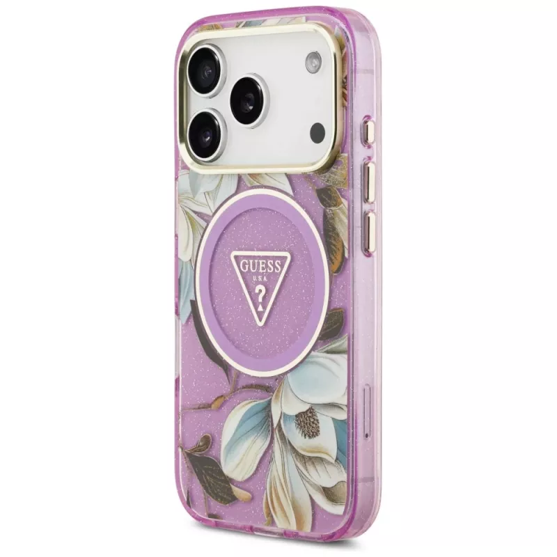 GUESS IML Glitter Flowers Triangle MagSafe Θήκη για iPhone 18 Pro / 17 Pro - Μωβ