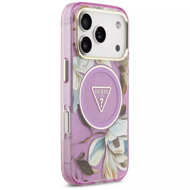 GUESS IML Glitter Flowers Triangle MagSafe Θήκη για iPhone 18 Pro / 17 Pro - Μωβ