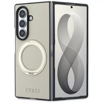 Guess Magnetic Ring Stand Grained Classic Logo MagSafe θήκη για Samsung Galaxy Z Fold 8 Ultra (μπεζ)