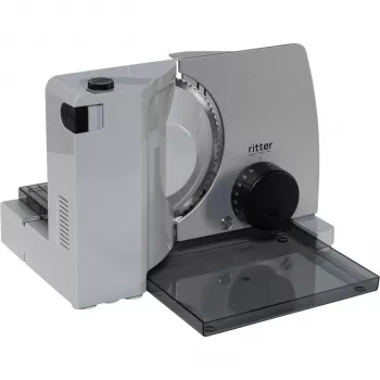 Ritter Compact 7 Ηλεκτρική Γενικής Χρήσης Κόπτης Αλλαντικών με 65 W Eco μοτέρ, οδοντωτό ανοξείδωτο μαχαίρι, πάχος κοπής 0-20 mm, αναδιπλούμενο σχεδιασμό, βάσεις αναρρόφησης, Μαύρο/Ασημί