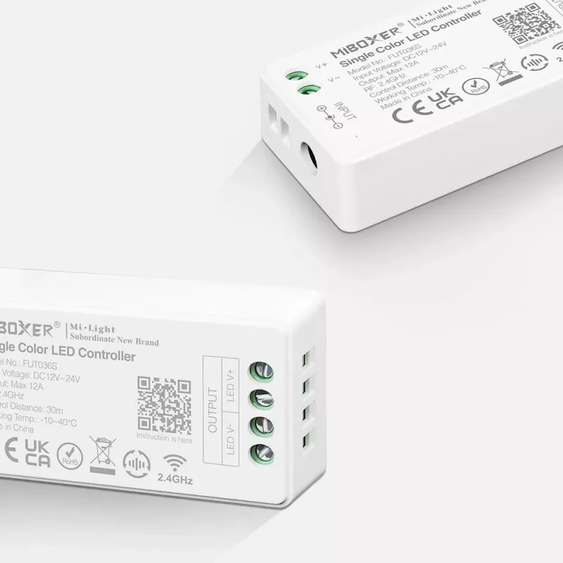 MIBOXER FUT036S Single Color 2.4G LED Dimmer Controller DC12-24V, 12A, Push Dim, RF Wireless, White