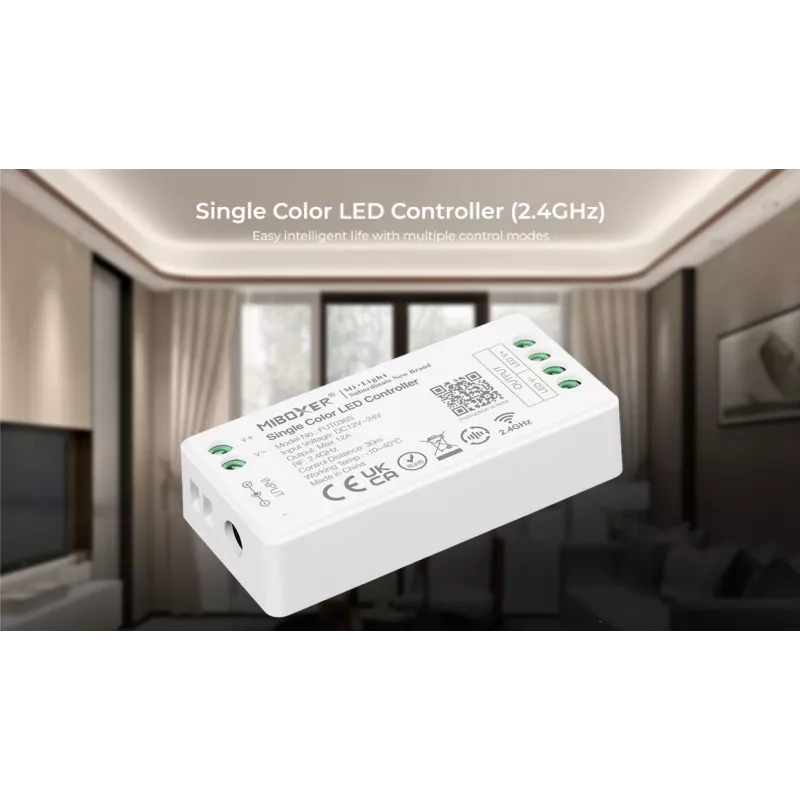 MIBOXER FUT036S Single Color 2.4G LED Dimmer Controller DC12-24V, 12A, Push Dim, RF Wireless, White