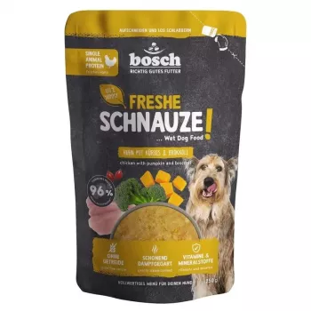 BOSCH Freshe Schnauze Μονοπρωτεϊνική υγρή τροφή για σκύλους με κοτόπουλο, κολοκύθα και μπρόκολο – σακουλάκι 250g