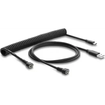 Delock Μαγνητικό σπιράλ καλώδιο USB 2.0 Type-A βύσμα αρσενικό σε Pogo 4-Pin βύσμα αρσενικό + USB Type-C βύσμα αρσενικό σε Pogo 4-Pin υποδοχή θηλυκή σετ προσαρμογέων μαύρο 1,5 m