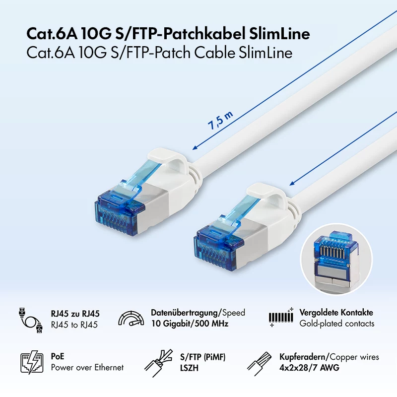 LogiLink SlimLine καλώδιο δικτύου Cat.6A S/FTP LSZH, λευκό, 7,5 m