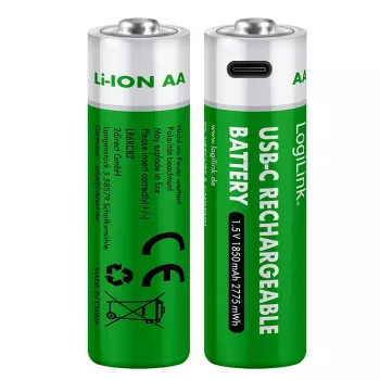 LogiLink LR6RCB2 επαναφορτιζόμενες μπαταρίες AA λιθίου-ιόντων USB-C, συσκευασία 2 τεμ., 1,5 V σταθερή τάση εξόδου, 2600 mWh