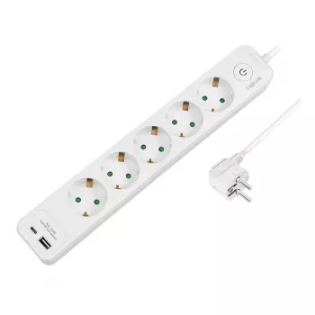 LogiLink LPS280U πολύπριζο, 5 πρίζες AC, 2 θύρες USB (USB-A & USB-C), 17W, λευκό