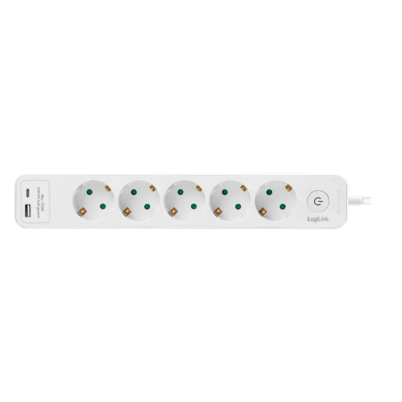 LogiLink LPS280U πολύπριζο, 5 πρίζες AC, 2 θύρες USB (USB-A & USB-C), 17W, λευκό