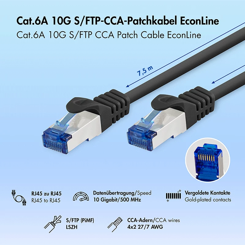 LogiLink EconLine Cat.6A S/FTP LSZH Patchkabel, 7,5 m, μαύρο, CCA