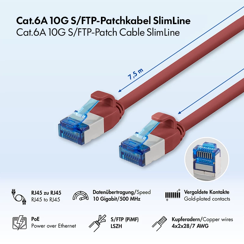 LogiLink Cat.6A Slim S/FTP LSZH καλώδιο patch, κόκκινο, 7,5 m