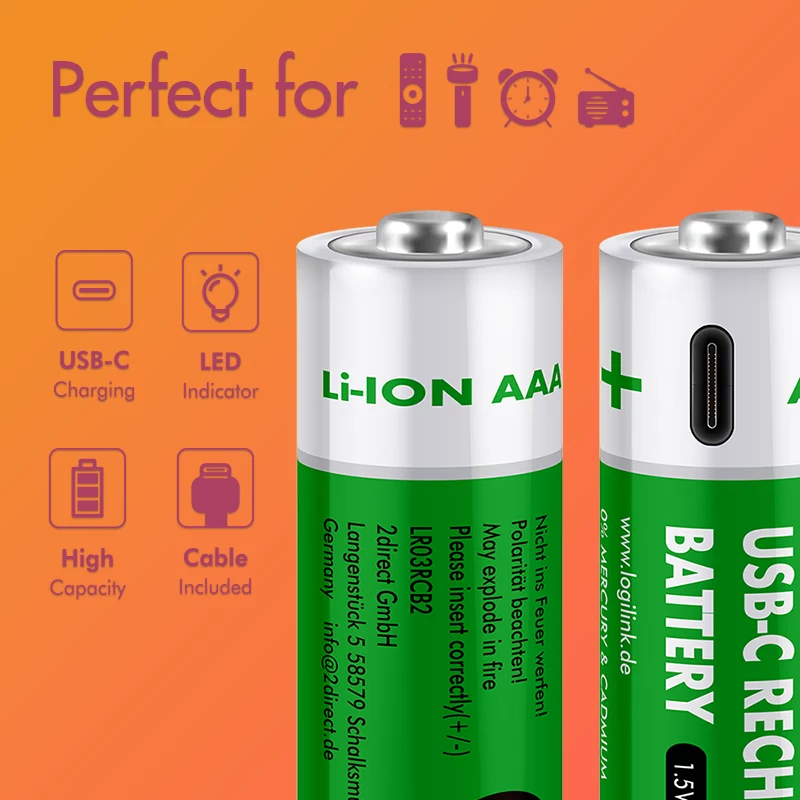 LogiLink LR03RCB2 USB-C επαναφορτιζόμενες μπαταρίες AAA Li-Ion, 1,5V, συσκευασία 2 τεμ.