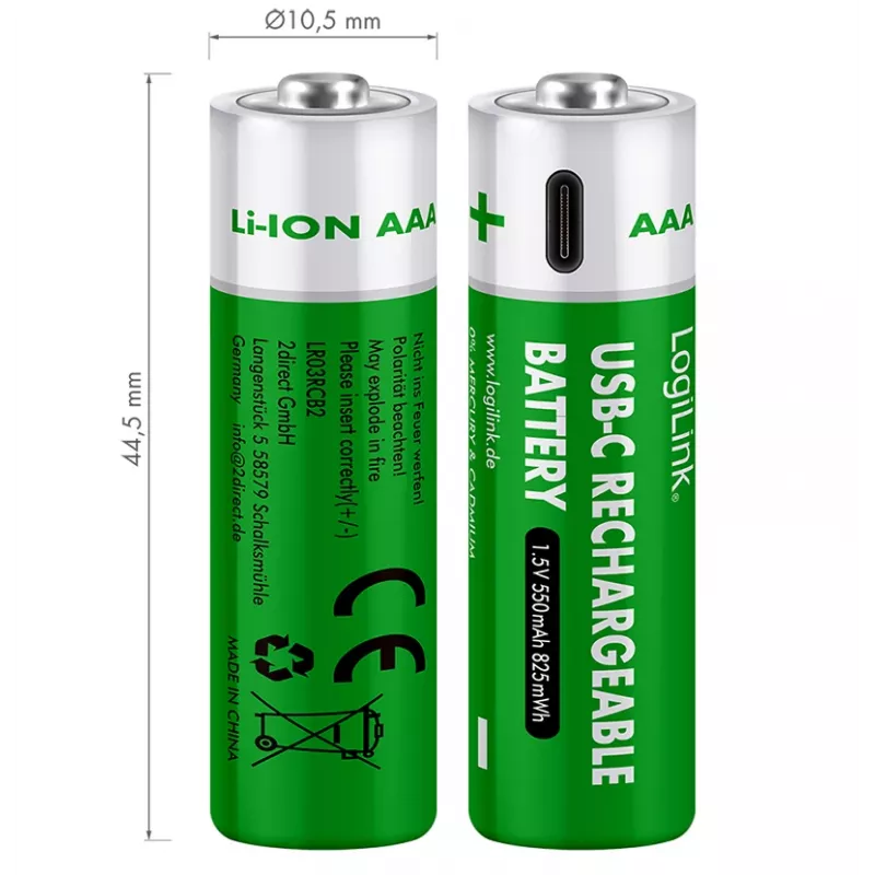 LogiLink LR03RCB2 USB-C επαναφορτιζόμενες μπαταρίες AAA Li-Ion, 1,5V, συσκευασία 2 τεμ.