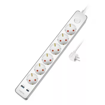 LogiLink πολύπριζο με 6 ασφαλείς πρίζες, USB-A & USB-C PD 20W, διακόπτης, 1,5 m, λευκό