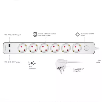 LogiLink πολύπριζο με 6 ασφαλείς πρίζες, USB-A & USB-C PD 20W, διακόπτης, 1,5 m, λευκό
