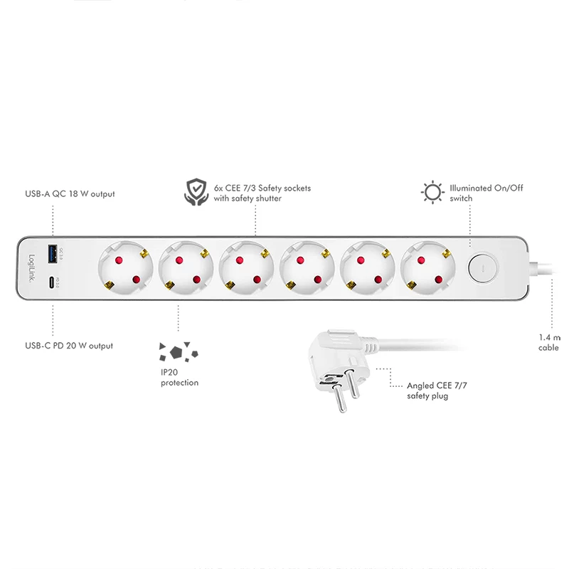 LogiLink πολύπριζο με 6 ασφαλείς πρίζες, USB-A & USB-C PD 20W, διακόπτης, 1,5 m, λευκό