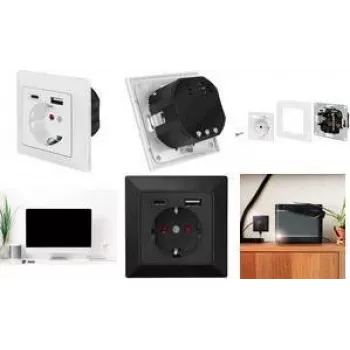 LogiLink PA0262B επιτοίχια πρίζα με 1 υποδοχή Schuko, 1 φορτιστή USB-A και 1 USB-C, μαύρο
