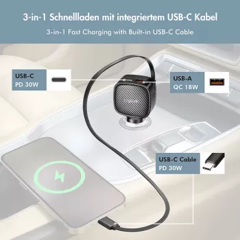 LogiLink φορτιστής αυτοκινήτου USB, 3 θύρες με ανασυρόμενο καλώδιο USB-C, 60W, PD, QC, μαύρο