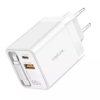 LogiLink φορτιστής USB-A/C 65 W GaN 3 θυρών λευκό με καλώδιο USB-C