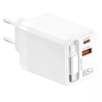 LogiLink φορτιστής USB-A/C 65 W GaN 3 θυρών λευκό με καλώδιο USB-C