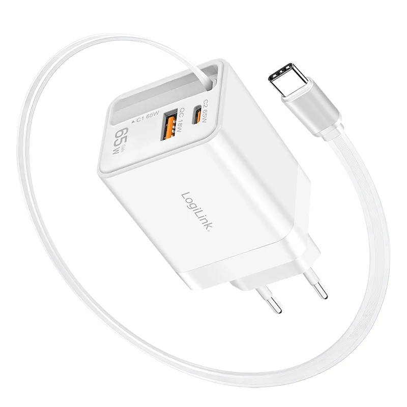LogiLink φορτιστής USB-A/C 65 W GaN 3 θυρών λευκό με καλώδιο USB-C