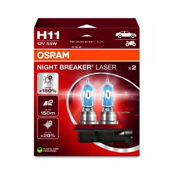 OSRAM NIGHT BREAKER LASER H11 λαμπτήρας αλογόνου διπλή συσκευασία 12V 55W PGJ19-2, έως 150% φωτεινότερος, 150m μεγαλύτερη δέσμη φωτός, 3900K