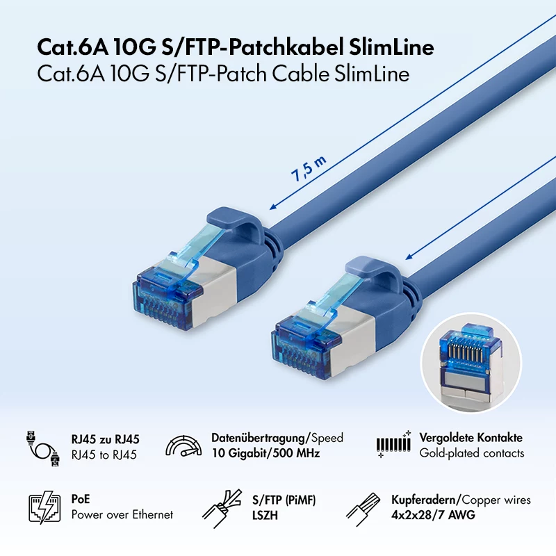LogiLink SlimLine Cat.6A S/FTP LSZH καλώδιο patch, 7,5 m, μπλε
