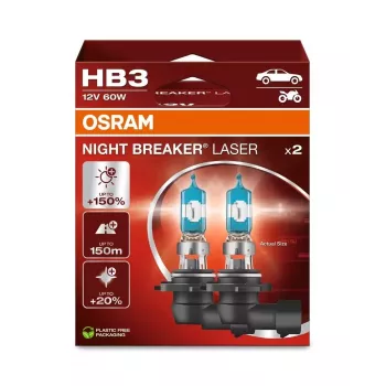 OSRAM Night Breaker Laser HB3 12V 60W P20d Λαμπτήρας Αλογόνου, Διπλή Συσκευασία, έως 150% φωτεινότερος, 150m μεγαλύτερη δέσμη φωτός, 20% λευκότερο φως