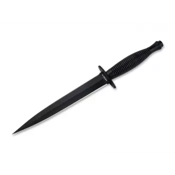 HT INSTRUMENTS H&T Commando μαχαίρι στιλέτο 02HY002 - σταθερή λεπίδα ανοξείδωτου χάλυβα 420, μαύρη επίστρωση, δερμάτινη θήκη
