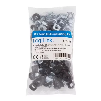LogiLink 19 ιντσών σετ τοποθέτησης rack M5, σετ 50 τεμ. με βίδες, παξιμάδια κλωβού και ροδέλες, γαλβανισμένος χάλυβας