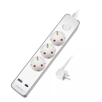 LogiLink LPS287U πολύπριζο με 3 υποδοχές ασφαλείας, USB-A & USB-C PD 20W, διακόπτης, καλώδιο 1,5m, λευκό