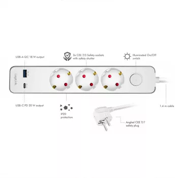 LogiLink LPS287U πολύπριζο με 3 υποδοχές ασφαλείας, USB-A & USB-C PD 20W, διακόπτης, καλώδιο 1,5m, λευκό