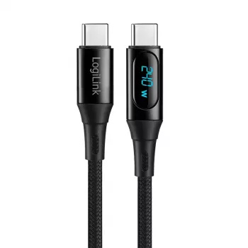 LogiLink καλώδιο USB 2.0 Type-C με ένδειξη ισχύος, C/M σε C/M, 480 Mbps, 240W PD 3.1, πλεκτό νάιλον, μαύρο, 1 m