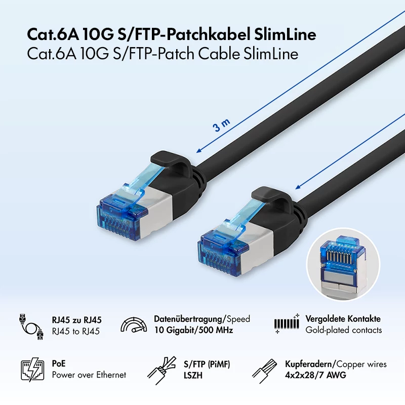 LogiLink Καλώδιο patch Cat.6A Slim S/FTP LSZH, Μαύρο, 3 m, SlimLine