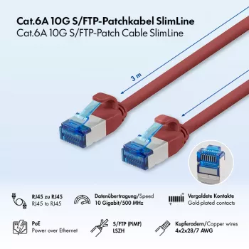 LogiLink SlimLine Cat.6A S/FTP LSZH καλώδιο patch, κόκκινο, 3m, 10Gbps