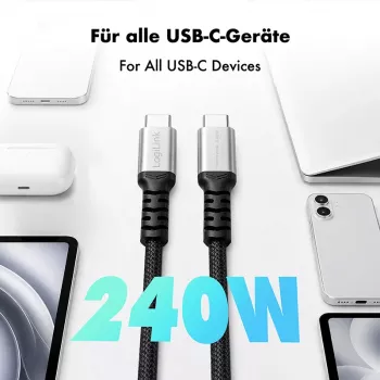LogiLink USB 2.0 Type-C καλώδιο, C/M σε C/M, 480 Mbps, 240W, νάιλον, μέταλλο, μαύρο/ασημί, 1,5 m