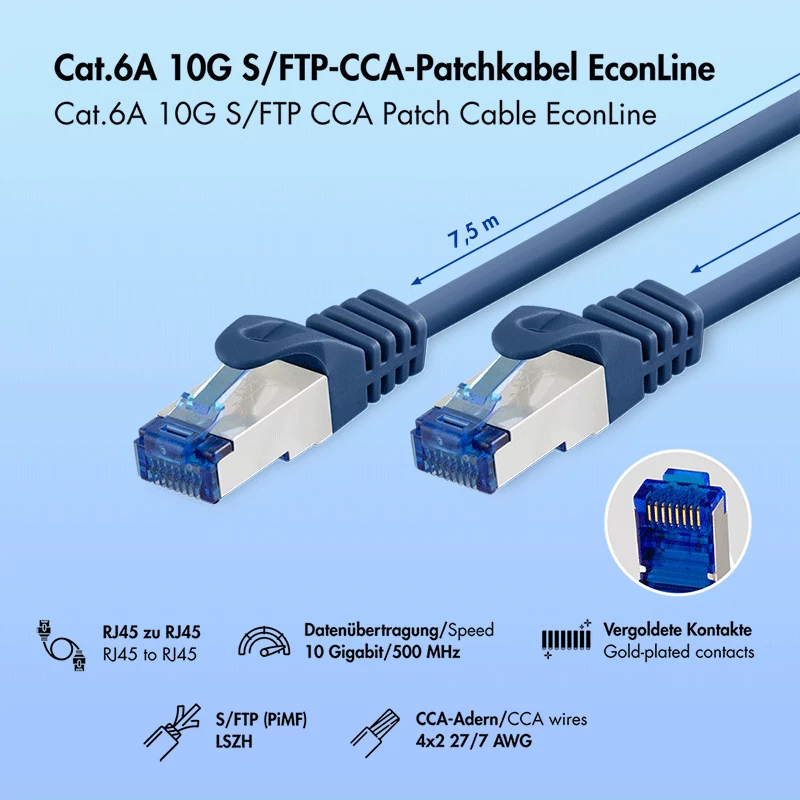 LogiLink EconLine Cat.6A S/FTP LSZH καλώδιο patch, CCA, μπλε, 7,5 m