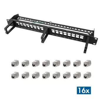 LOGILINK Modular 16-Port Cat.6A Keystone Patchpanel, 19/1U, με 3 κρίκους καλωδίων, Μαύρο