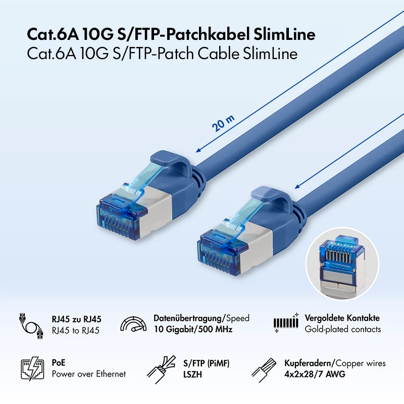 LogiLink Καλώδιο Patch Cat.6A S/FTP LSZH SlimLine, 20 m, Μπλε