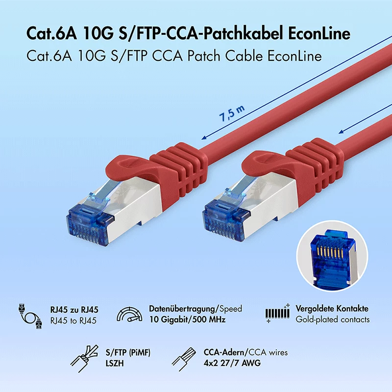 LogiLink Cat.6A S/FTP LSZH καλώδιο patch, CCA, κόκκινο, 7,5m, EconLine