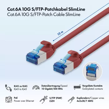 LogiLink Cat.6A Slim S/FTP LSZH καλώδιο patch, κόκκινο, 10 m