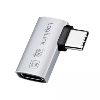 LogiLink USB4 Type-C προσαρμογέας 90°, C/M σε C/F, 40 Gbit/s, 240W, 8K/60Hz, αλουμίνιο, ασημί