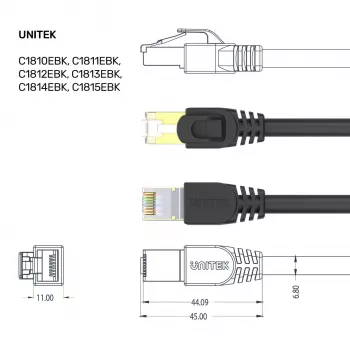 UNITEK Cat.7 S/FTP καλώδιο Ethernet patch 2,0 m, 10 Gbit/s, 600 MHz, επιχρυσωμένα βύσματα RJ45, Μαύρο