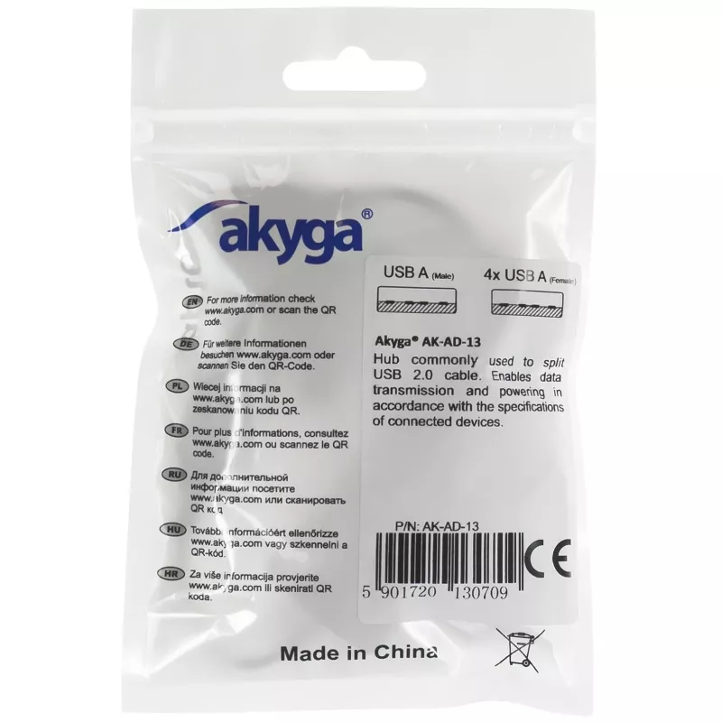 AKYGA AK-AD-13 USB 2.0 4-Port Hub, Μαύρο